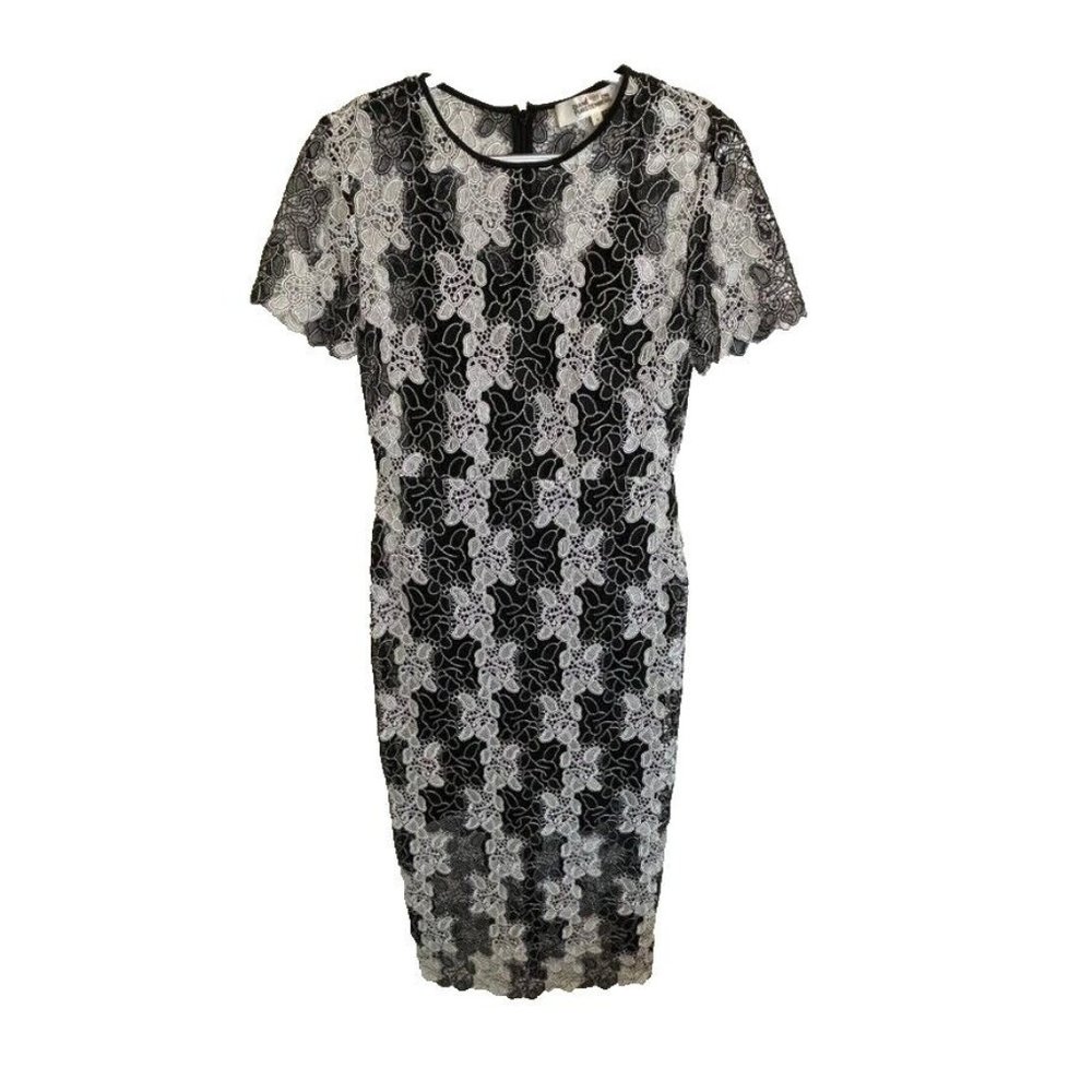 Diane Von Furstenberg Black White Lace Midi‎ Floral Lace Scalloped Dress Size 4
